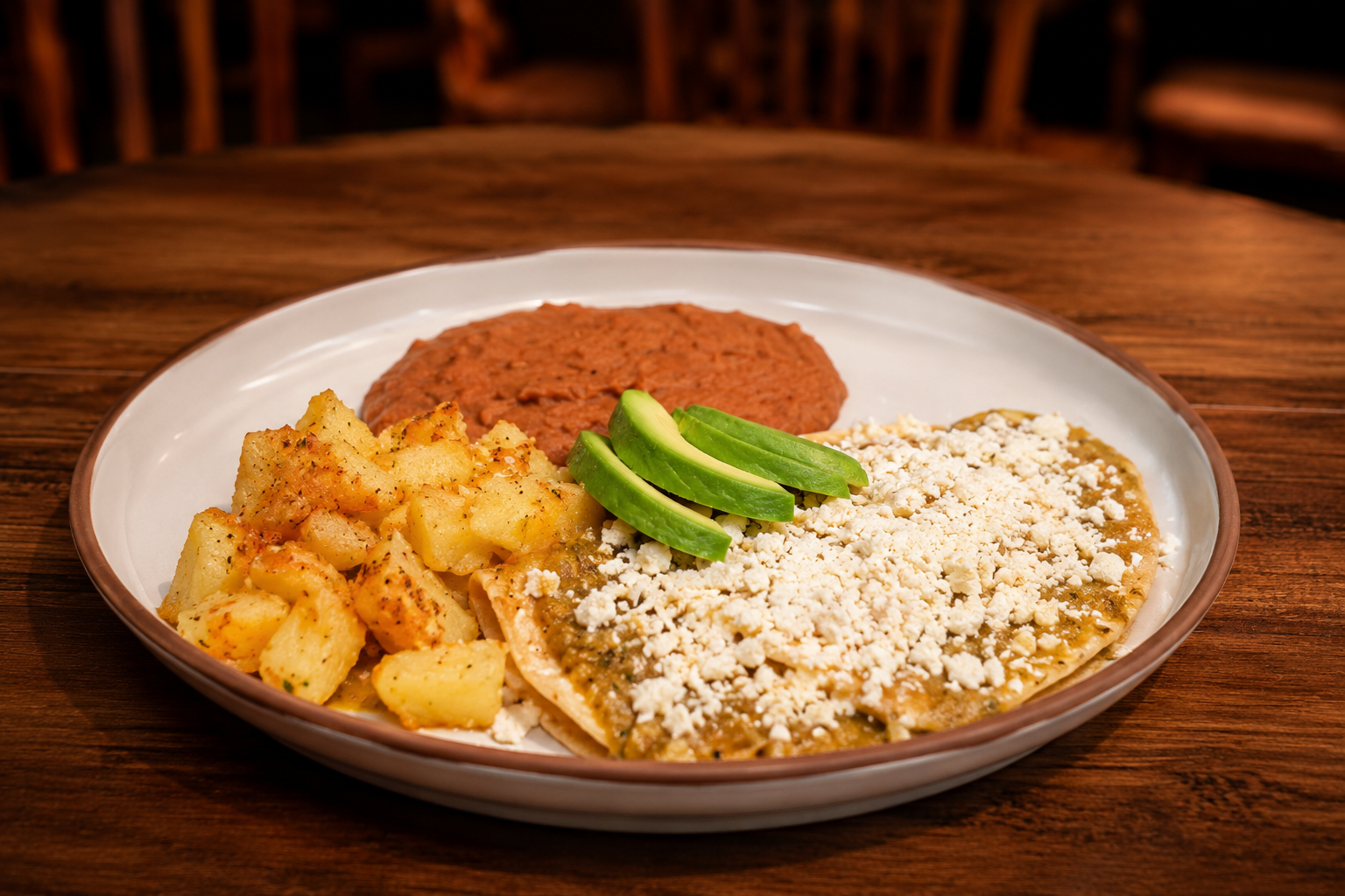 Green enchiladas with avocado, beans and potatoes
