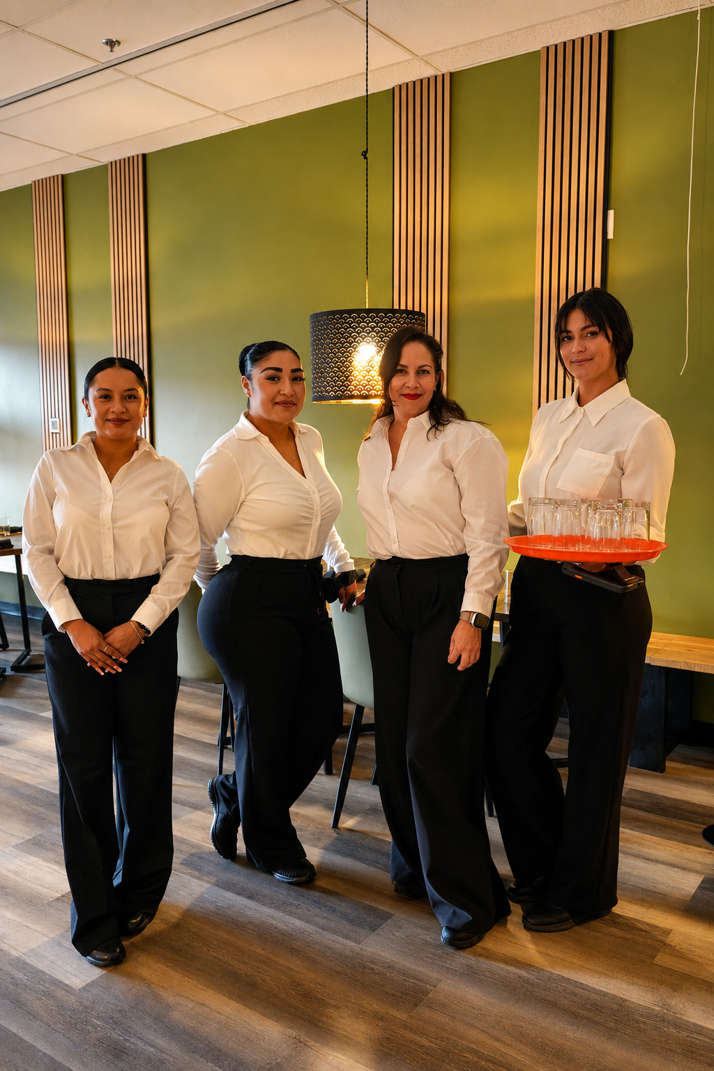 Servers in white shirts by the green dining room wall