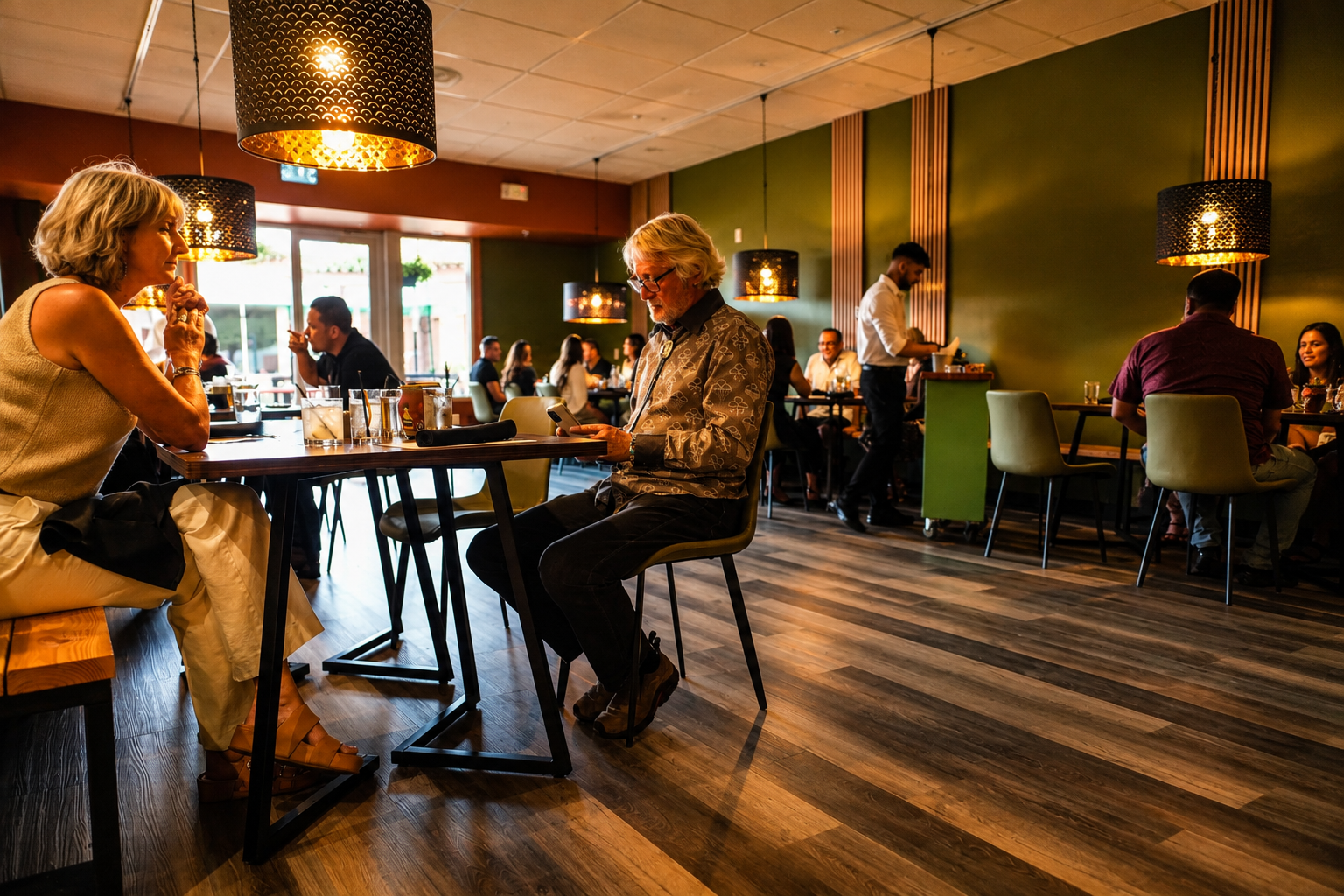 Diners gathered under warm pendant lights in the dining room