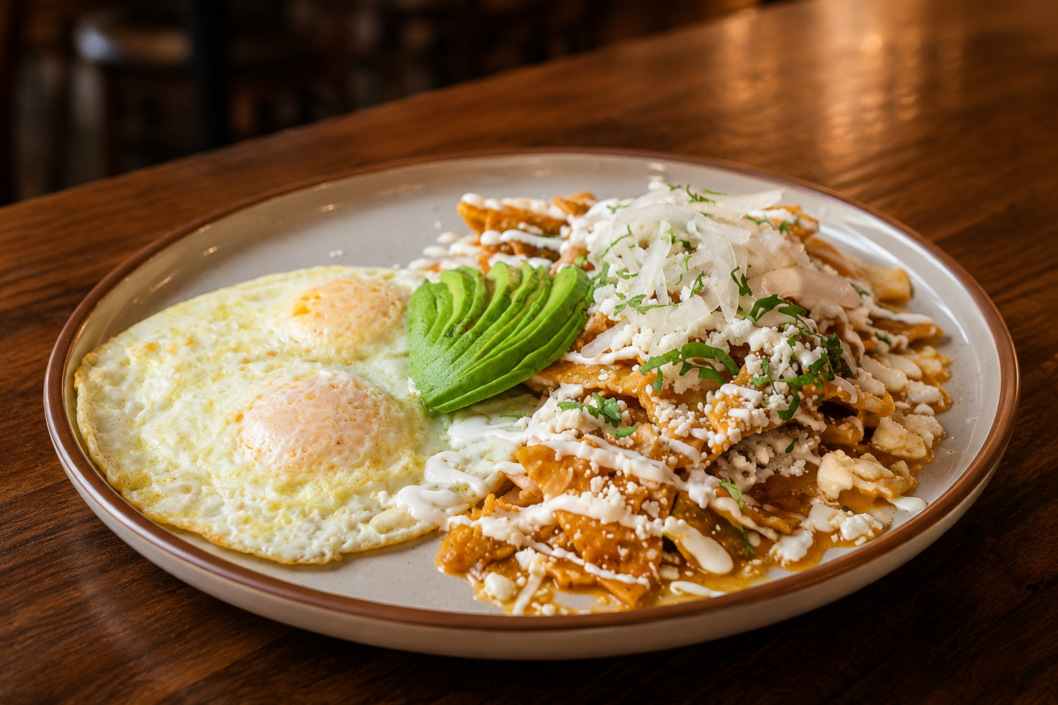 Chilaquiles rojos with fried eggs and avocado