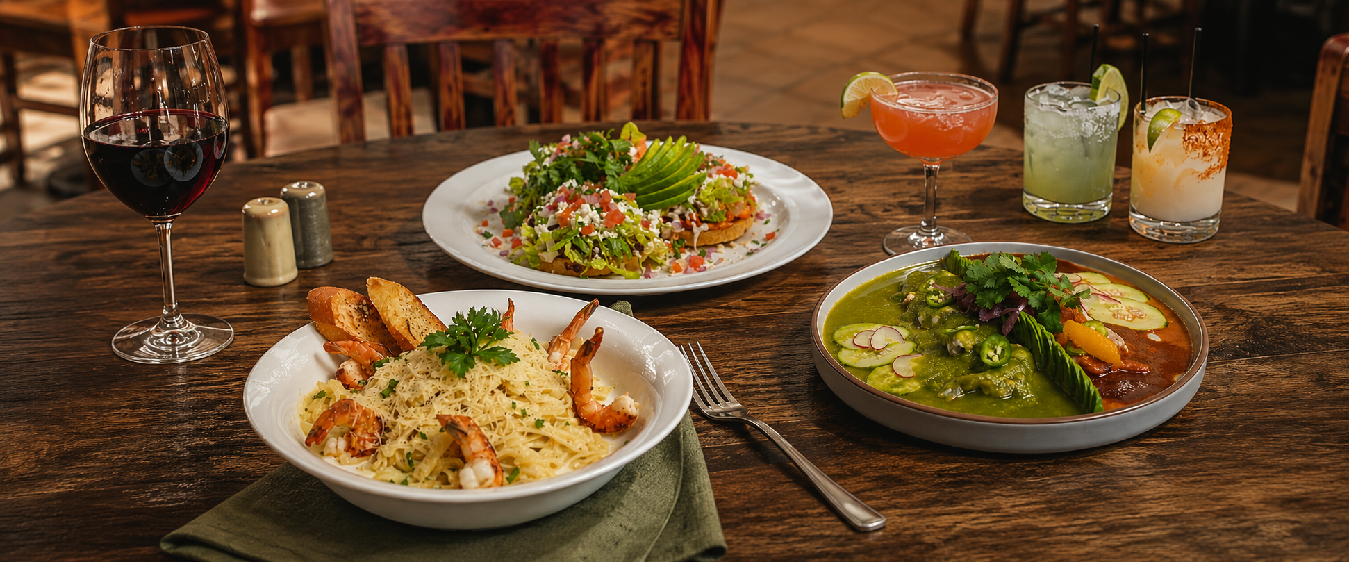 A spread of Mexican and Italian dishes